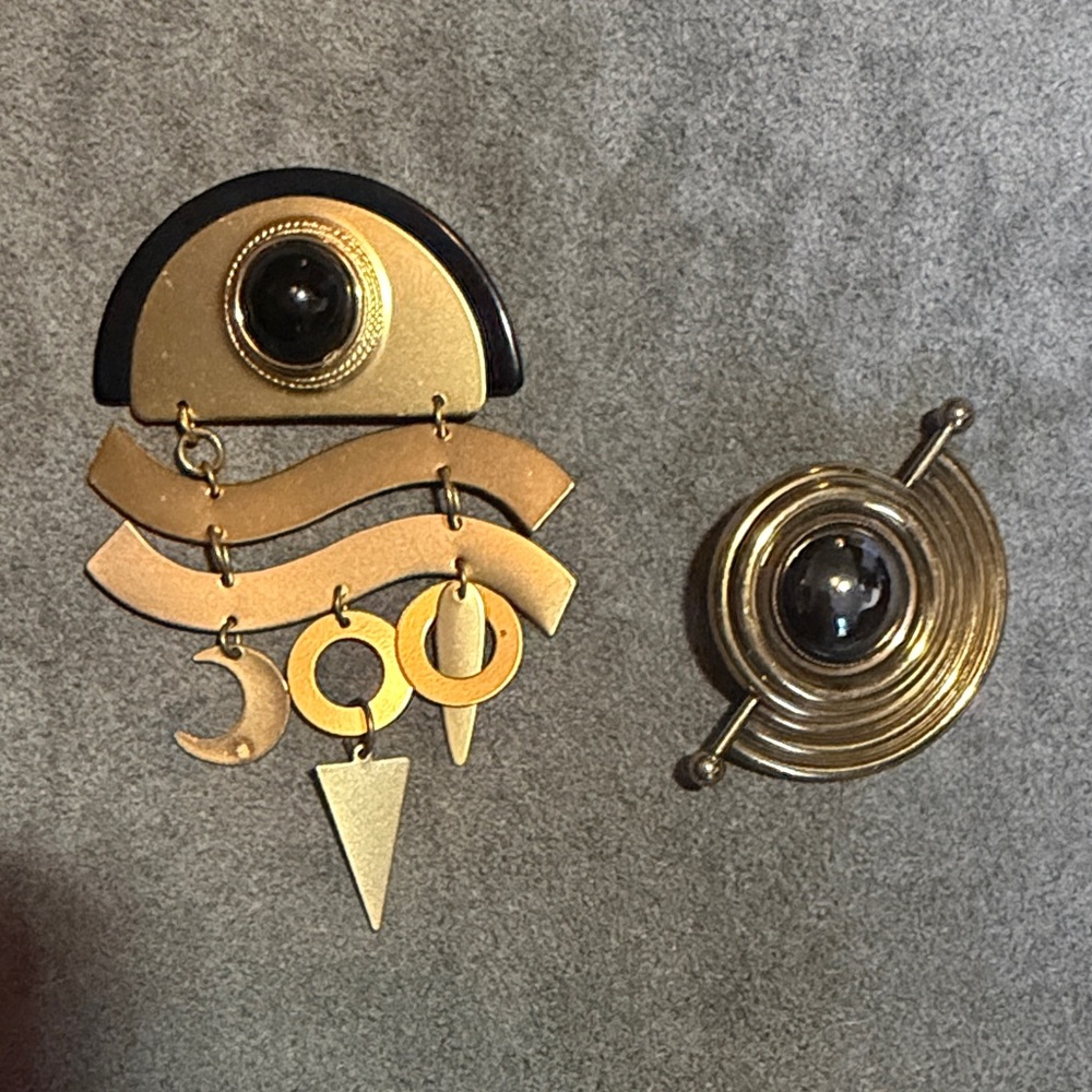 Funky Oversized Gold-Tone Geometric Brooch with Black Cabochons